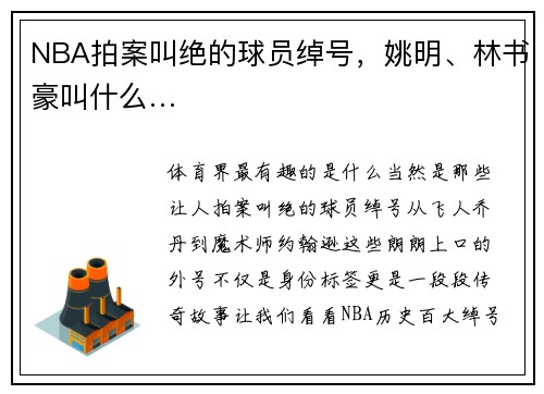 NBA拍案叫绝的球员绰号，姚明、林书豪叫什么…